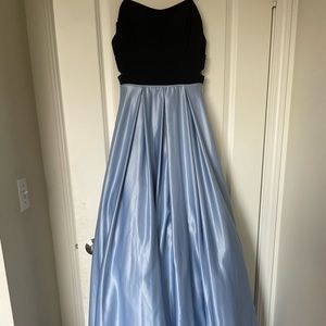 Black and baby blue strapless prom dress